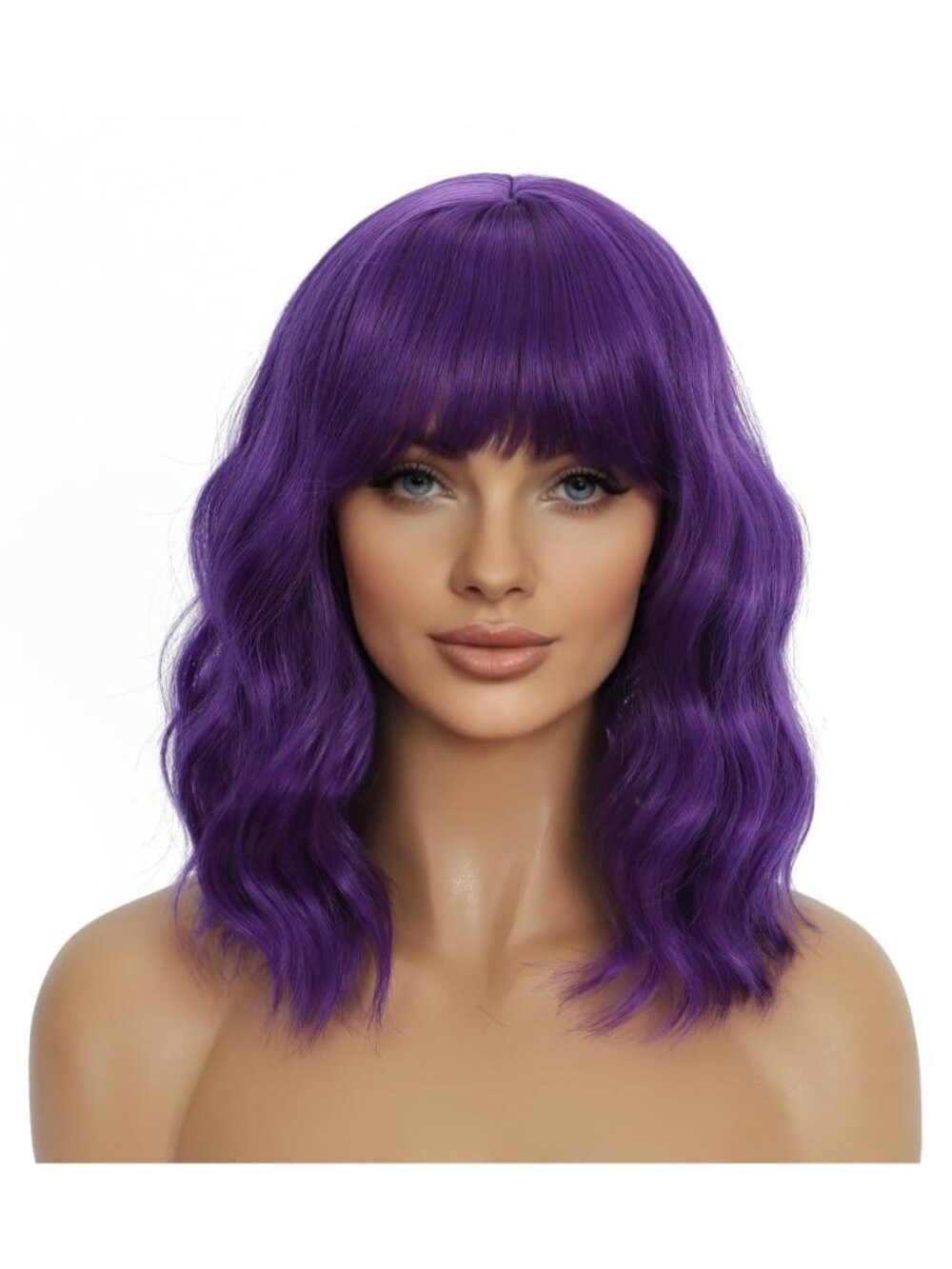 Dark Purple Wigs with Bangs for Women 14 Inch Short Wavy Bob Wigs Synthetic Bob